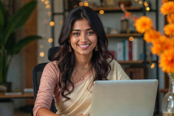 Smiling young Indian woman in traditional saree working on laptop in office and looking at the camera 