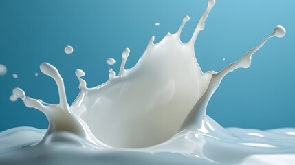 Dynamic splash of a white liquid against a gradient blue backdrop, showcasing intricate shapes and forms, capturing the moment with highlights and shadows defining the movement