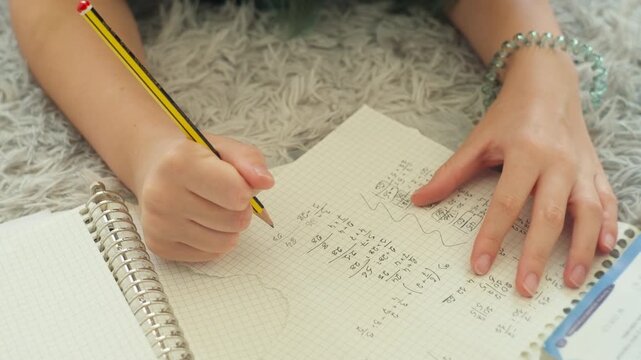 Close-up of student's hands meticulously solving mathematical equations with pencil on gridded paper in notebook, demonstrating dedication to schoolwork and process of learning