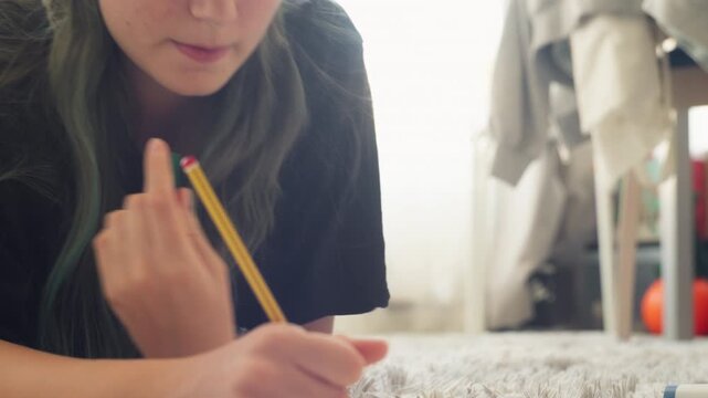 Teenage girl with vibrant green hair lying on floor, chewing pen tip while focused on sketching and doing homework in notebook, relaxed and concentrated