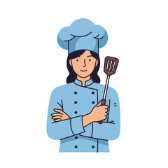 Professional female chef in uniform with spatula, ready to prepare delicious culinary creations in the kitchen.