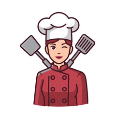 Skilled female chef in uniform winks and holds cooking utensils, ready to prepare delicious meals.