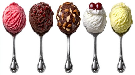 Fototapeta premium Delectable Fruit Ice Cream Collection with Cherry and Almond Mix on Elegant Dessert Layout, Isolated on White Background