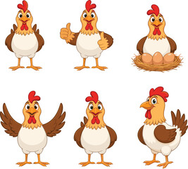 Cartoon chickens set, funny hens, farm birds, egg nest, poultry animals, agriculture illustration, rural lifestyle, domestic bird, vector design