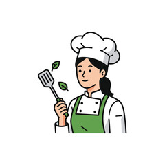 A smiling female chef in uniform and apron holds a spatula with fresh green leaves floating around her.