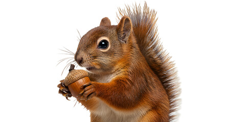 Adorable Red Squirrel Holds a Single Acorn Against a Warm Brown Background © mastyo