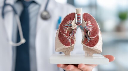 Physician holding human lungs organ model in hospital setting, medical doctor healthcare professional showing respiratory anatomy for patient education pulmonology diagnosis treatment and disease awar