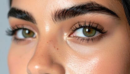 Obraz premium Extreme close-up of a woman's green eyes with perfect makeup.