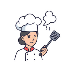 A frustrated female chef in uniform holds a spatula, with steam rising from her cooking, expressing displeasure.
