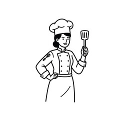 Naklejka premium A smiling female chef in uniform confidently holds a spatula, ready to prepare delicious culinary creations in the kitchen.