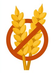 No gluten symbol wheat grain with red prohibition sign white background, food allergy free icon for celiac disease diet health nutrition allergen information packaging and dietary awareness label desi