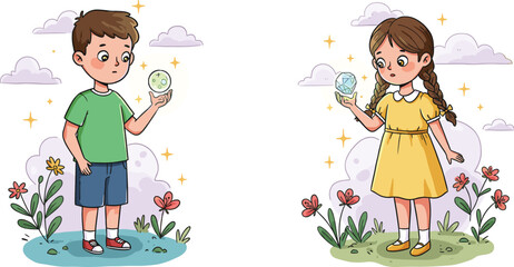 Cartoon children with glowing crystals, magical orb illustration, outdoor fantasy scene, curiosity moment, vector clipart, discovery gesture, enchanted object, playful posture