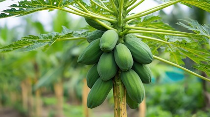 Tropical papaya fruits growing on tree in garden plantation agriculture, green organic fruit farming cultivation harvest production and healthy tropical food photography concept
