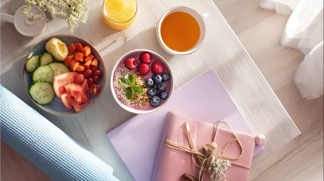 Diet planning with fresh healthy food vegetables fruits and fitness accessories, nutrition meal prep concept clipboard exercise dumbbells workout for weight loss wellness and healthy lifestyle photogr