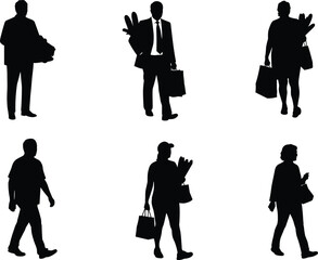 Grocery carrying silhouette, black vector clipart, shopping posture, food bag gesture, daily activity, consumer behavior, walking figure, lifestyle icon