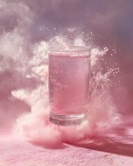 Levitating glass of collagen water surrounded by powder cloud and soft light beams, minimalist surreal concept, high fashion photography style, vertical composition
