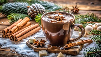 Warm spiced cocoa with cinnamon sticks and festive winter decorations