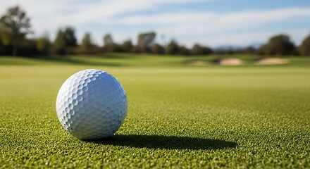 Golf ball resting on lush green putting area, serene sport scene