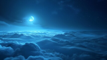 Moonlit ethereal cloudscape, glowing blue fog at night, dreamy fantasy sky scene.