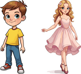 Cartoon boy character in casual outfit, cute girl in pink dress, children fashion illustration, playful kids vector art design