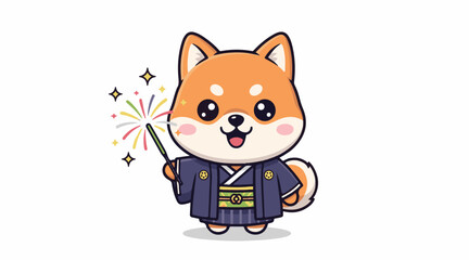 Chibi Shiba Inu in Kimono Holding Firework Stick Flat Vector Mascot Illustration