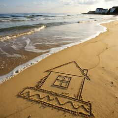 Dream home drawn in the sand on a peaceful beach shoreline