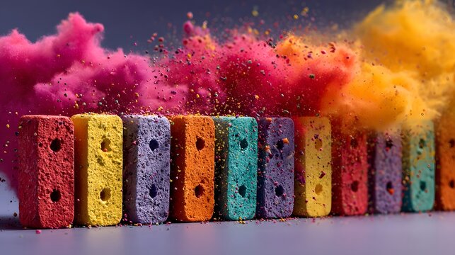 Explosions of vibrant multicolored powder erupt over a row of colorful porous bricks in a dynamic display of art and abstract creative design elements.