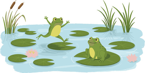 Cartoon frogs in pond, green frogs on lily pads, nature scene with lotus flowers, water plants, cute wildlife animal background