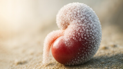 An eye-catching macro shot captures the detail of a single, frost-covered, seed. with its delicate texture in perfect focus. It evokes themes of natural growth and seasonal beauty.