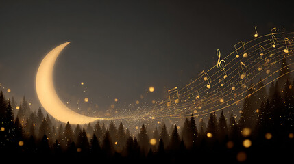 magical golden music notes flying across starry night sky with crescent moon and forest silhouette creating peaceful nighttime atmosphere