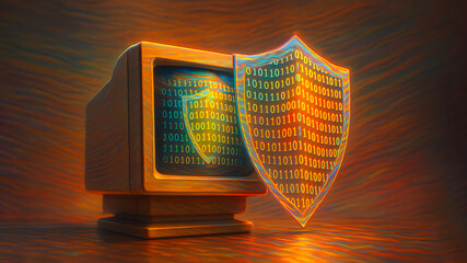A vintage computer is protected by a glowing, transparent shield. This imagery illustrates a computer system’s security. 