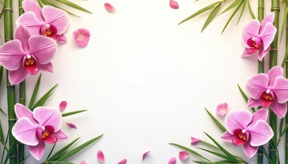 Fototapeta premium Floral frame with pink orchids green bamboo leaves. Flowers petals scattered around empty white background. Nature illustration is suited for spa banners or beauty product ads.