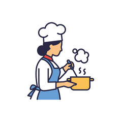 A professional female chef in a classic white hat and blue apron expertly stirs a steaming pot, preparing a delicious meal in a vibrant kitchen setting.