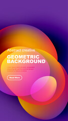 Vibrant abstract shapes overlap black background. Text promotes geometric design, includes read more button. Modern, colorful composition.