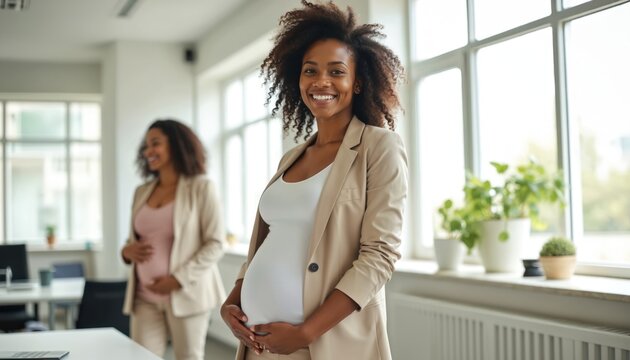 Smiling pregnant African American woman in office. Another woman behind her also pregnant. Diverse colleagues work together. Modern workplace. Happy expectant mothers.