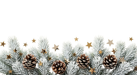 Frosted pine branches with pinecones and gold stars isolated on a transparent background Christmas winter