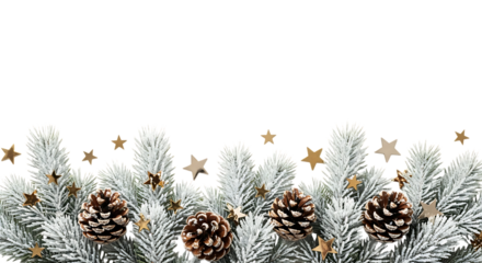 Frosted pine branches with pinecones and gold stars isolated on a transparent background Christmas winter