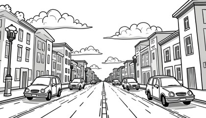 Simple black, white illustration of cars driving down city street lined with buildings. Cars move along road under cloudy sky, creating clean urban perspective. Style suits children books educational