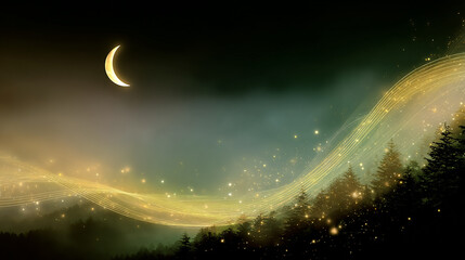 magical golden music notes flying across starry night sky with crescent moon and forest silhouette creating peaceful nighttime atmosphere