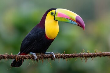 Obraz premium Colorful toucan with vibrant multicolor beak perched on branch, exotic tropical bird in rainforest.