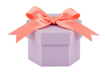 Lilac hexagonal gift box with coral ribbon isolated PNG, present for special occasion on transparent background