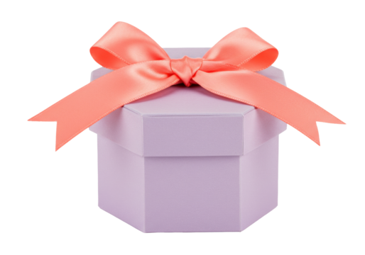Lilac hexagonal gift box with coral ribbon isolated PNG, present for special occasion on transparent background