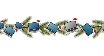 Laptops with Santa hats on pine branches isolated on a transparent background computer christmas
