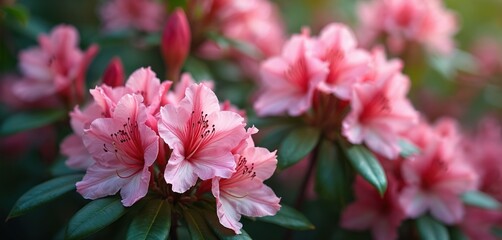 Close-up of soft pink azalea flowers with green leaves. Delicate petals and dark stamens create a beautiful natural bokeh background. Spring bloom.