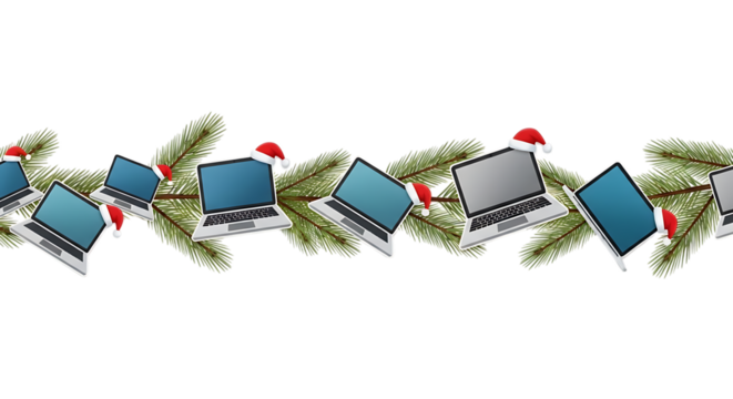 Laptops with Santa hats on pine branches isolated on a transparent background computer christmas
