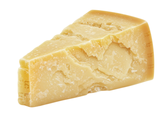 Wedge of Parmesan cheese isolated PNG, hard Italian cheese with granular texture on transparent background