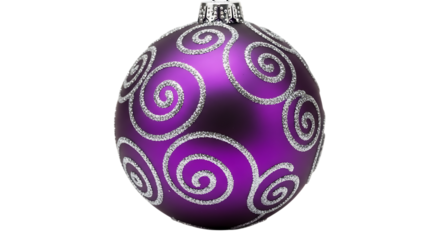 Purple Christmas bauble with silver glitter swirls isolated on a transparent background ornament