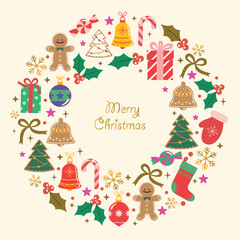 Merry Christmas greeting card, Christmas garland with bells and gold ribbon style. Party invitation.