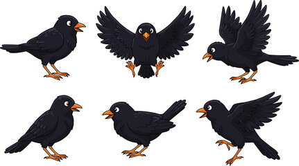 Cartoon illustration of black crow bird in different poses, flying, standing, sitting and spreading wings, wildlife animal design for nature concept