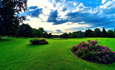 Obraz premium People enjoying central park parks summer landscape outdoor green perfect viewpoint highly detailed wide-angle lens hyper realistic with dramatic sky polarizing filter natural lighting v